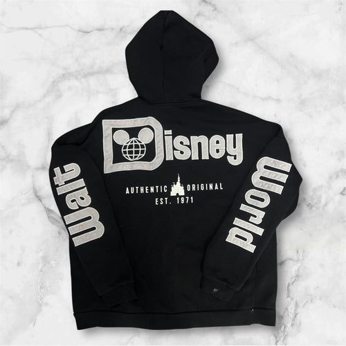 2025 Walt Disney World Mens Disney Parks Black & Grey AOP Spell Out Hoodie Large.