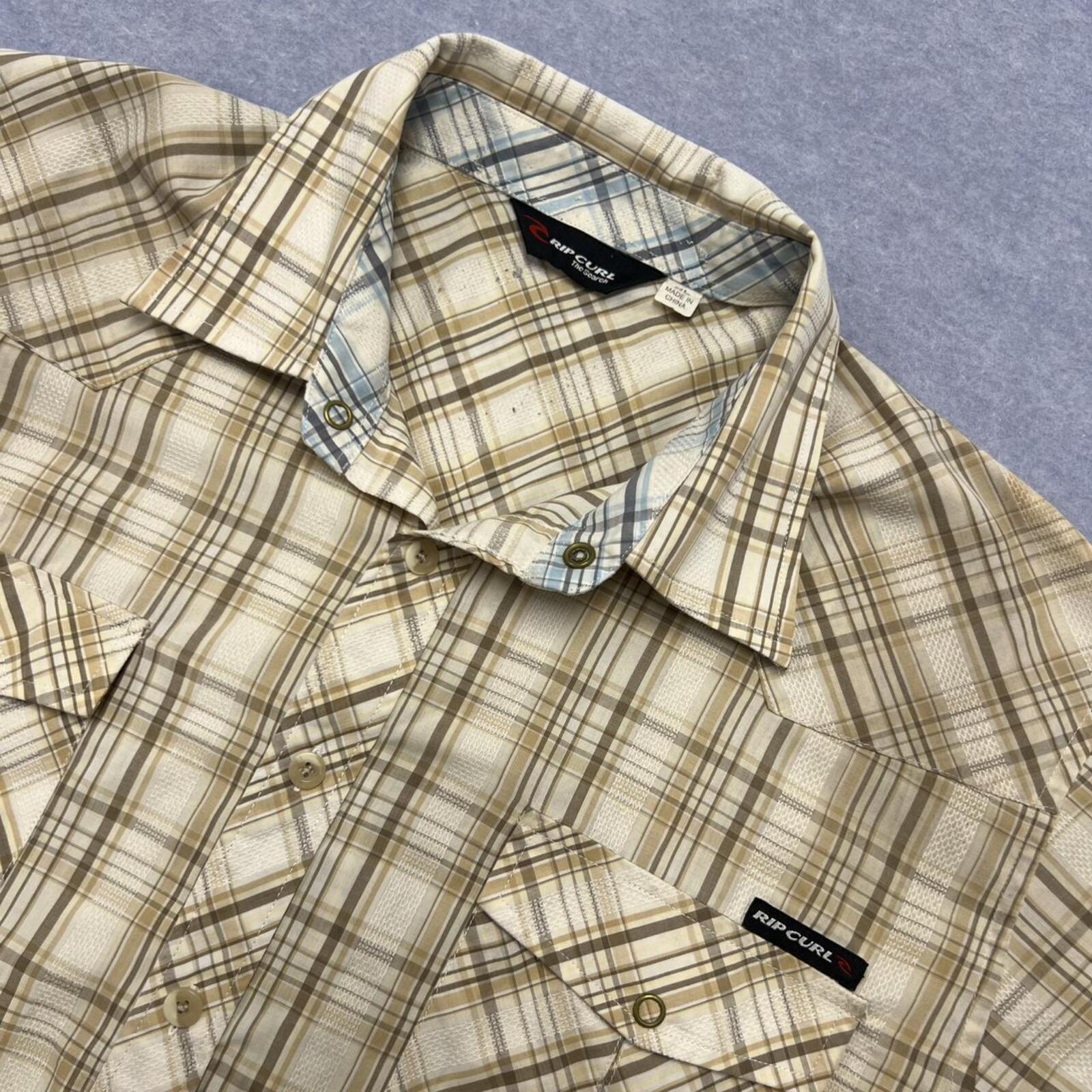 Vintage Rip Curl Brown Tan & White Plaid Checkered Y2K Button Up Shirt Men’s XL