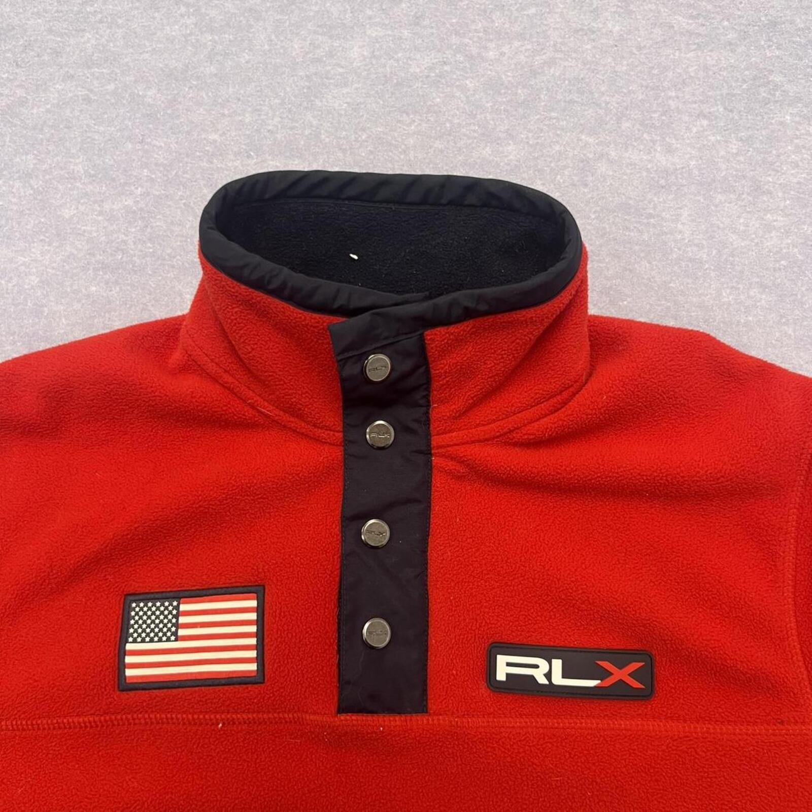 RLX Ralph Lauren Men's Red & Navy Fleece 1/4 Snap Pullover USA Flag Jumper Small