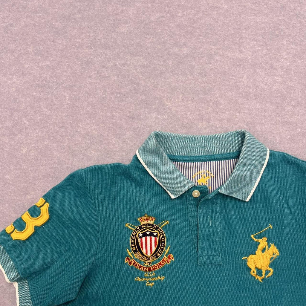Vintage Beverly Hills Polo Club Teal Blue Crest Big Pony Polo Youth Medium