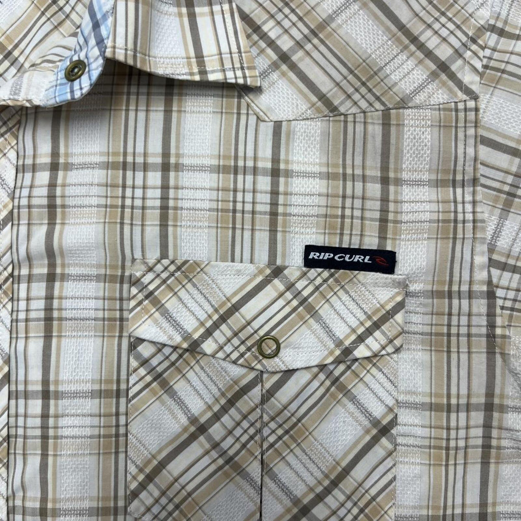 Vintage Rip Curl Brown Tan & White Plaid Checkered Y2K Button Up Shirt Men’s XL