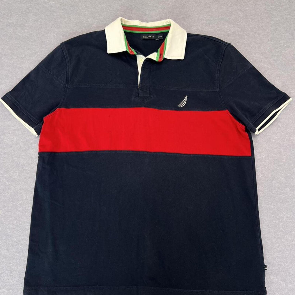 Vintage 90’s Nautica Men’s Navy Blue & Red Colour Block Striped Rugby Polo XXL