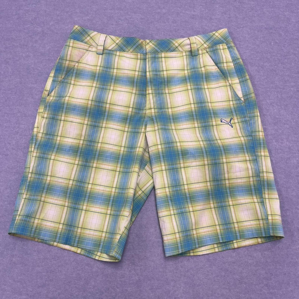 Puma Golf Sport Lifestyle Men's Plaid Check Golf Shorts W32 Green & Blue