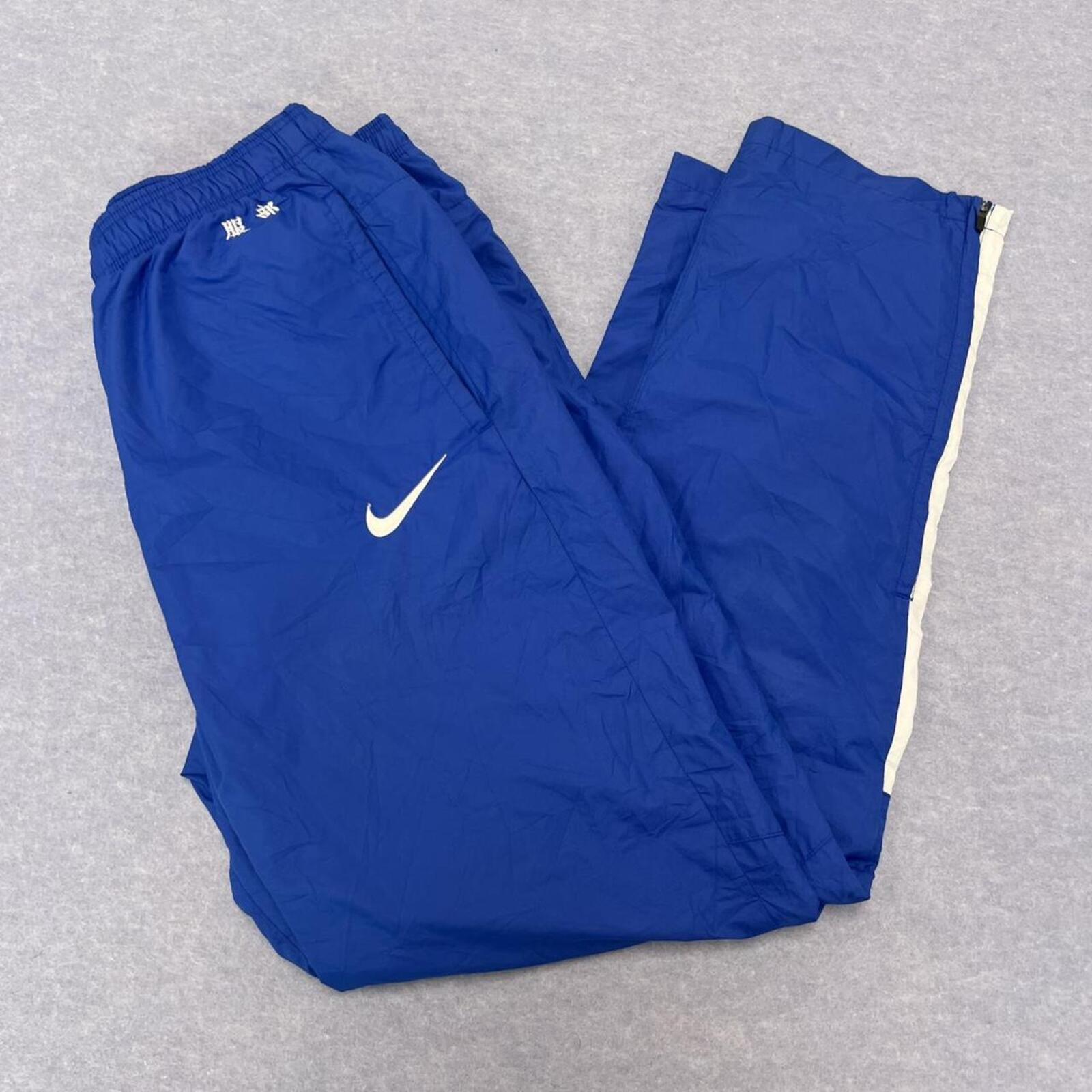 Vintage Nike Men's Royal Blue Japanese Kanji Track Pants White Stripe Y2K Medium