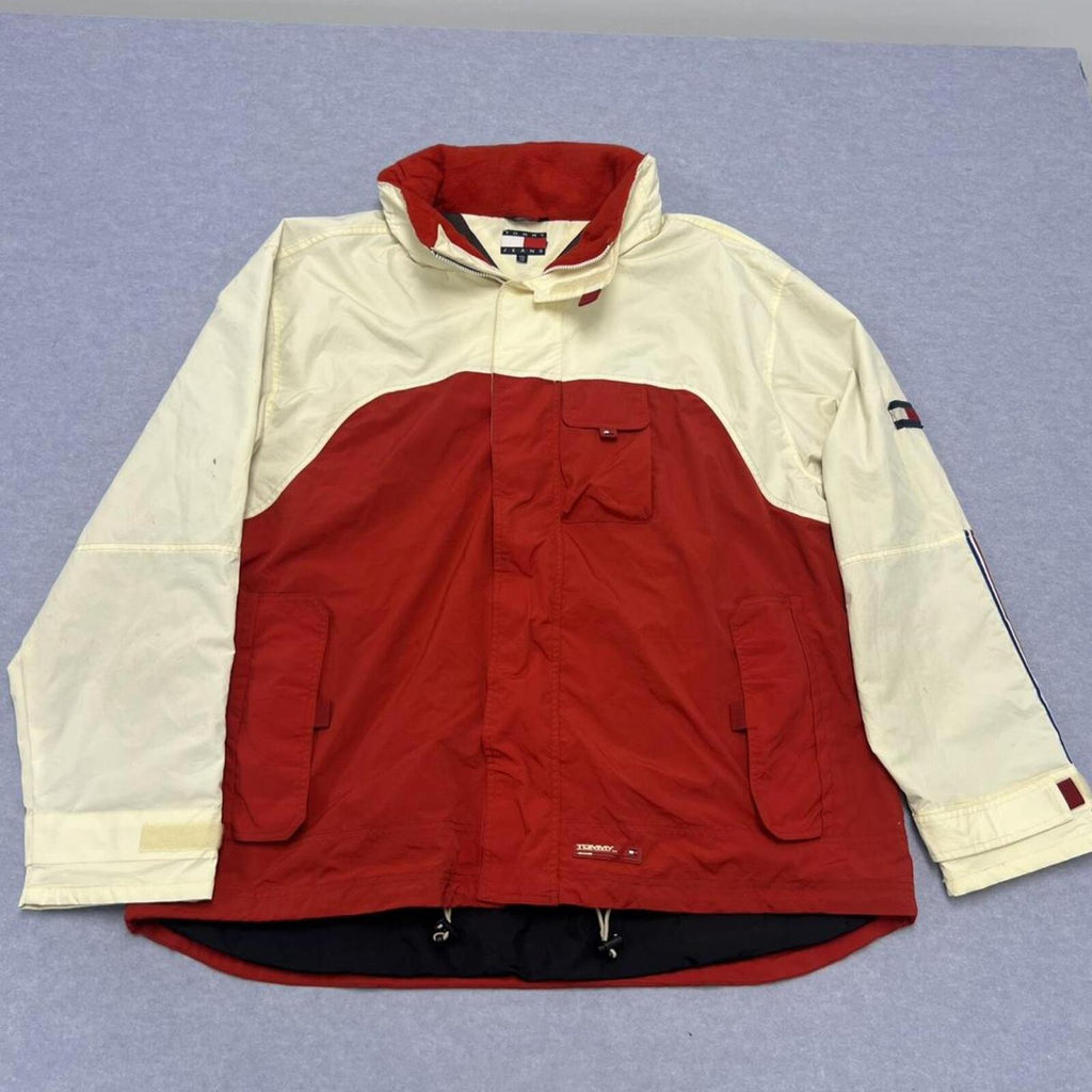 Vintage 90s Tommy Hilfiger Jeans Fleece Lined Sailing Jacket Red & White XXL