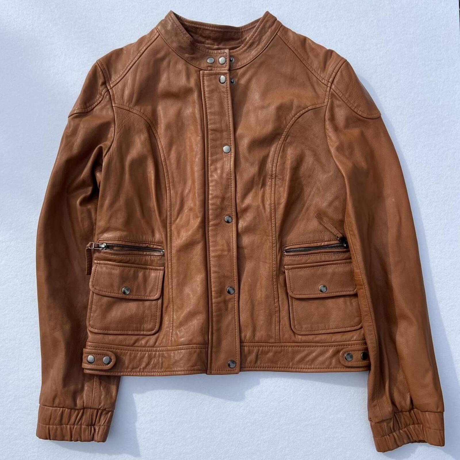Vintage MODA International Women's Tan Brown Genuine Leather Moto Jacket Medium