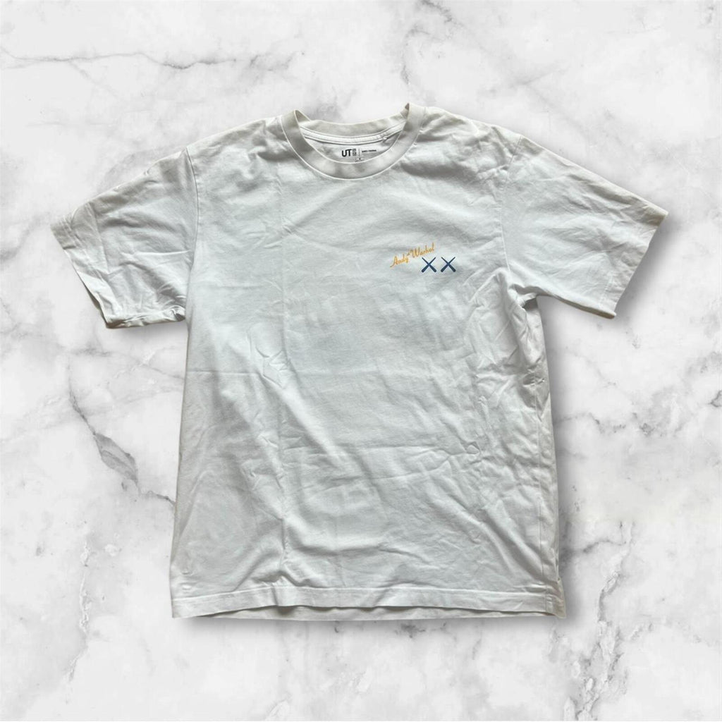 Uniqlo X Kaws X Andy Warhol Men’s White Cookie Monster & Banana Graphic Streetwear Tee Size Medium
