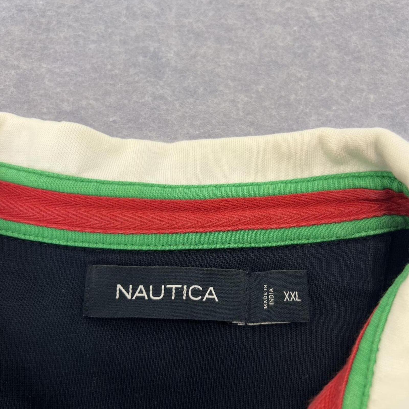 Vintage 90’s Nautica Men’s Navy Blue & Red Colour Block Striped Rugby Polo XXL